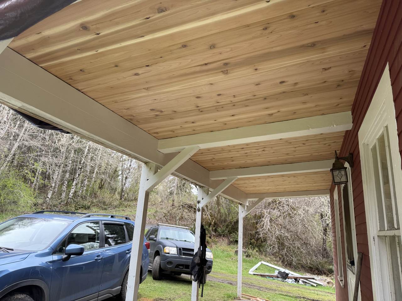 The same porch ceiling rebuilt and finished in clear cedar